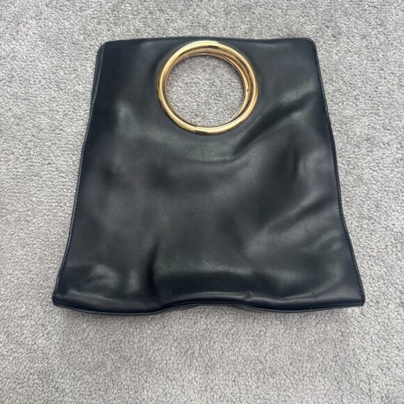 A New Day Faux Leather Gold Ring Top Handle Tote Bag Womens Black Pocket Classic - Picture 2 of 9